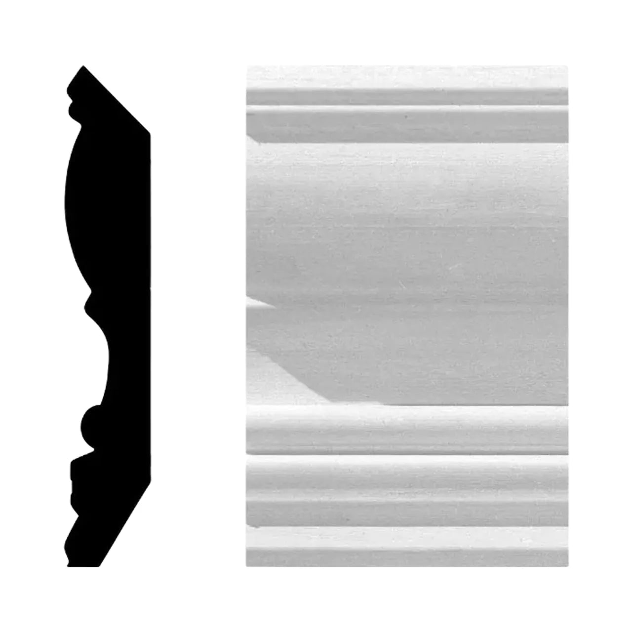 The Go Build 3/4 in. x 4-1/2 in. x 8 ft. MDF Crown Moulding is shown from the front and side, displaying its smooth surface, decorative grooves, and ornate curved profile for an elegant trim finish.